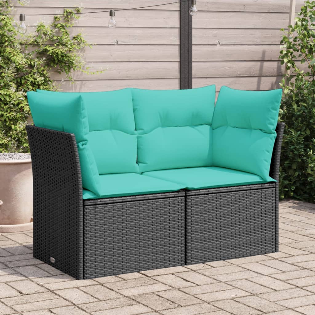 Sodo sofa su pagalvėlėmis, dvivietė, juoda, poliratanas