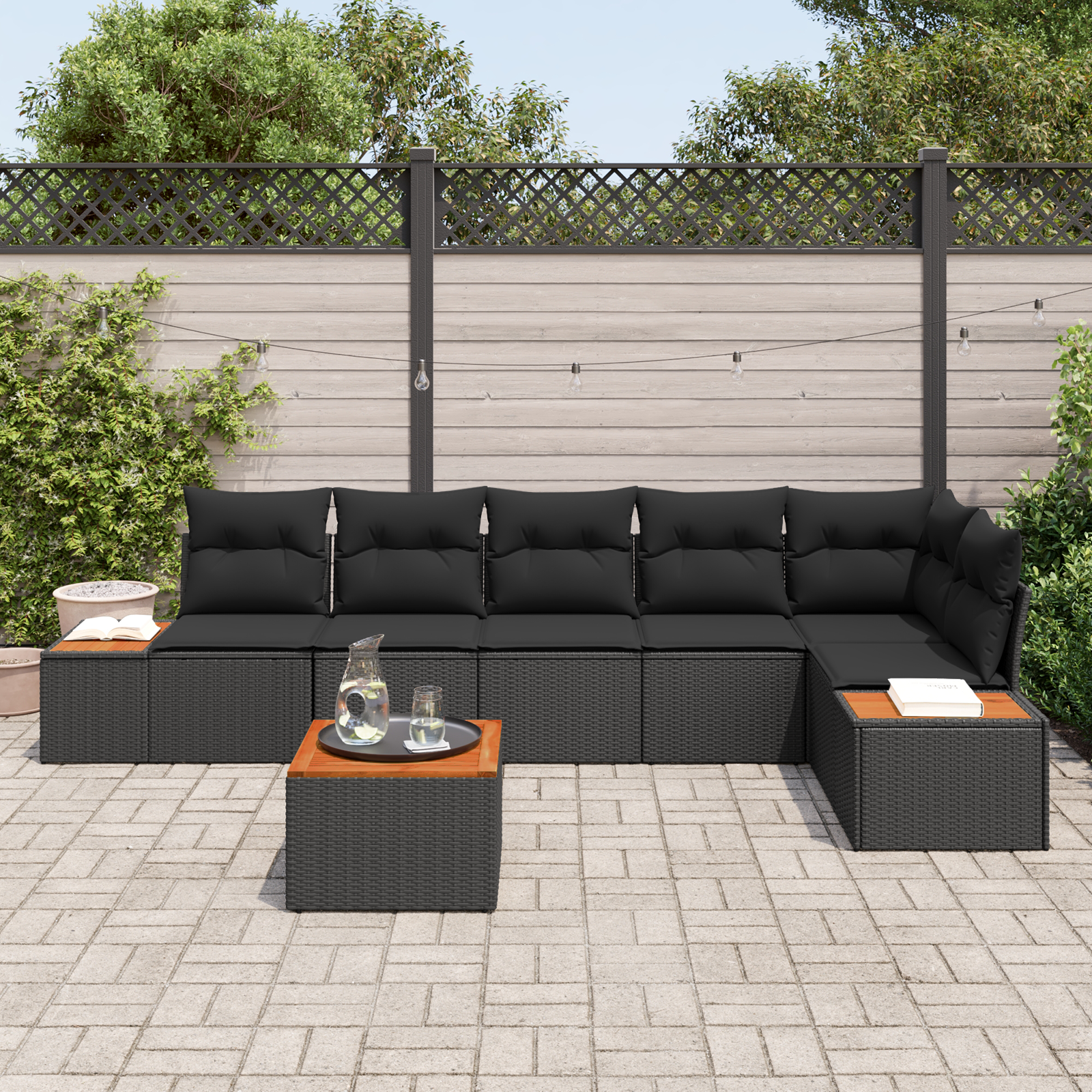 7 dalių sodo sofa komplektas su pagalvėmis Juodas Poli ratanas Akacija