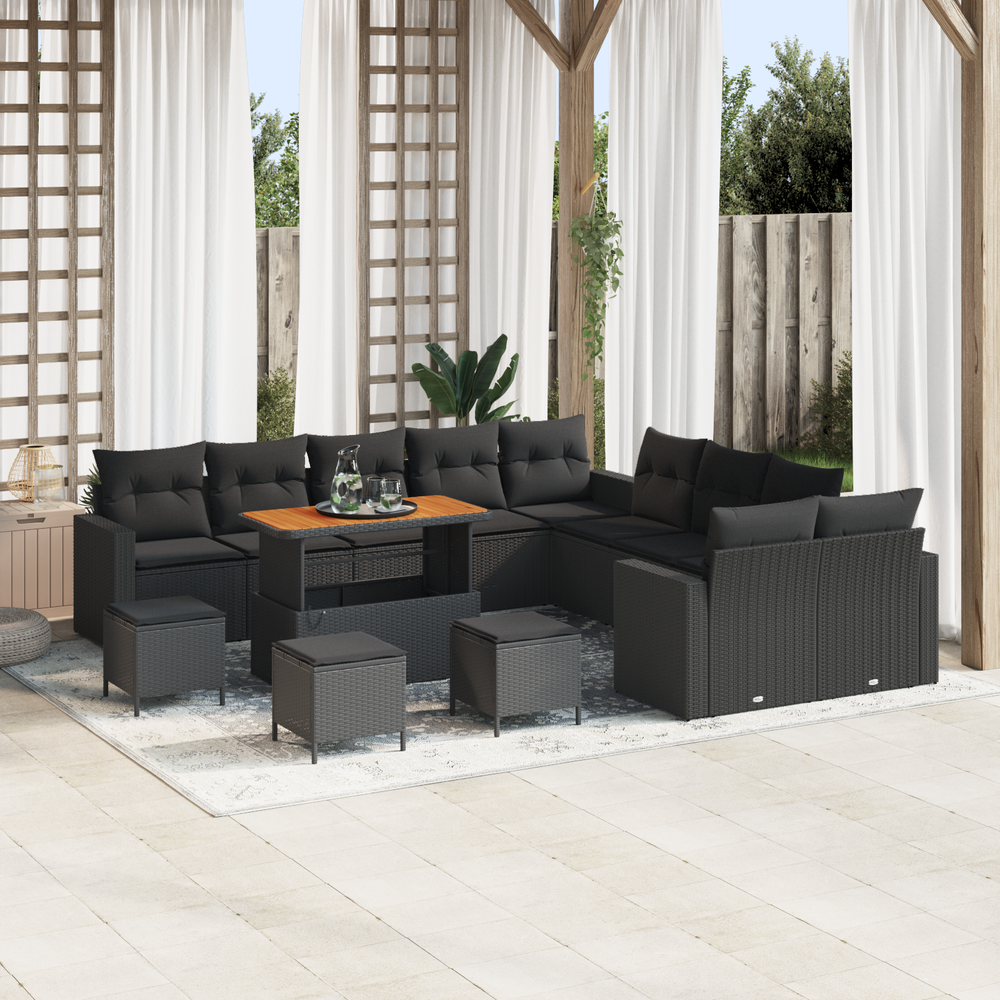 14-Piece Garden Sofa Set with Cushions Black Poly Rattan Acacia