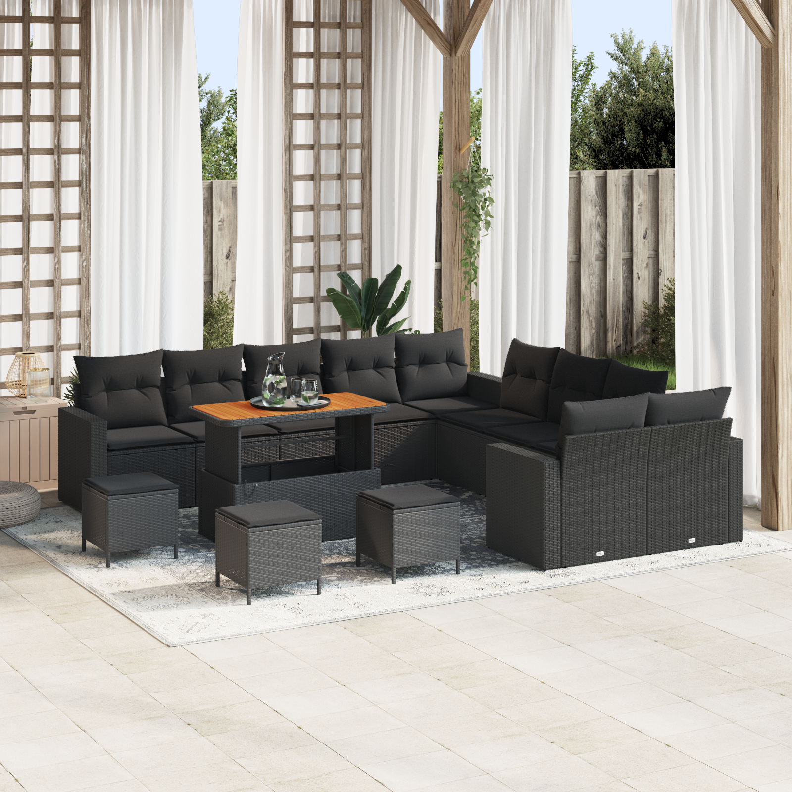 14 dalių sodo sofa rinkinys su pagalvėmis Juoda Poli ratanas Akacija