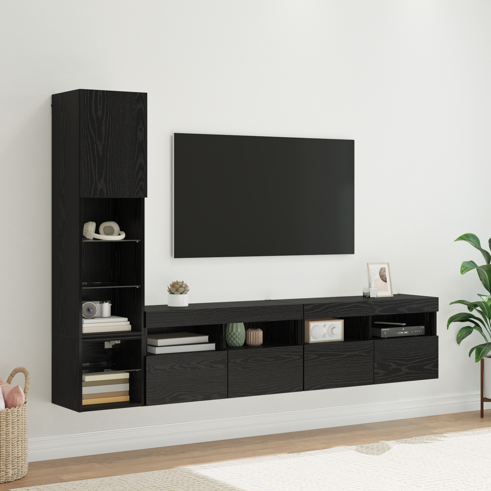 TV Wall Unit with LED 4 pcs Black Oak