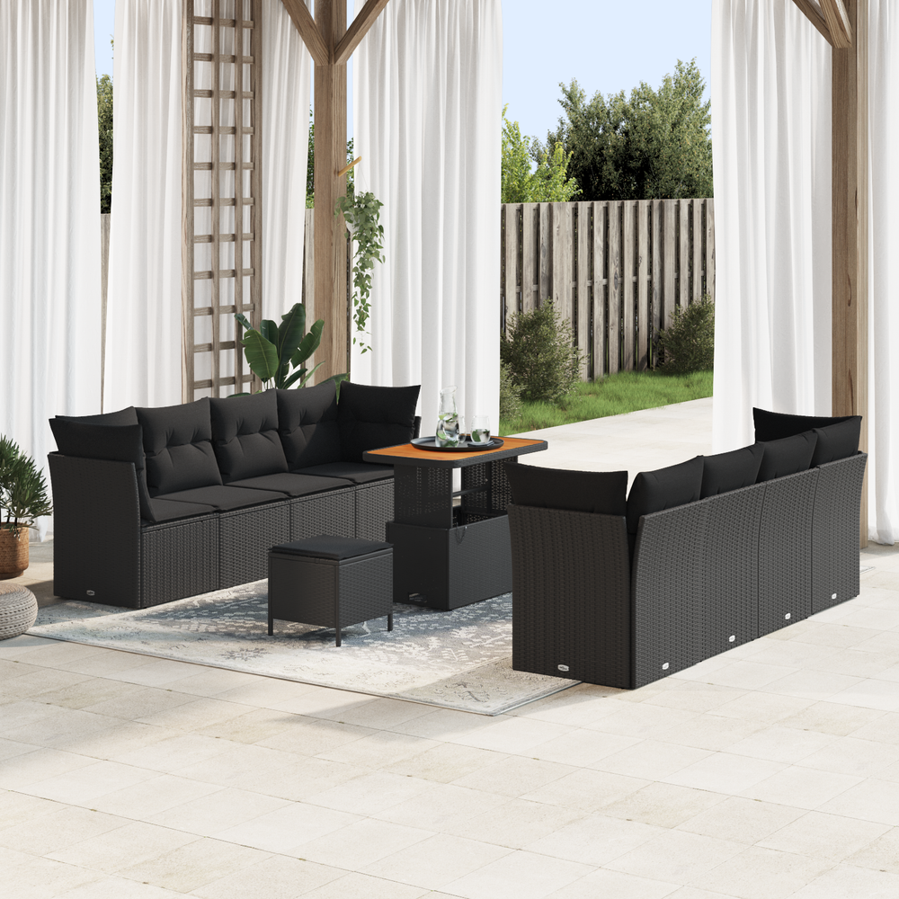 11-piece garden sofa with cushions black poly rattan acacia