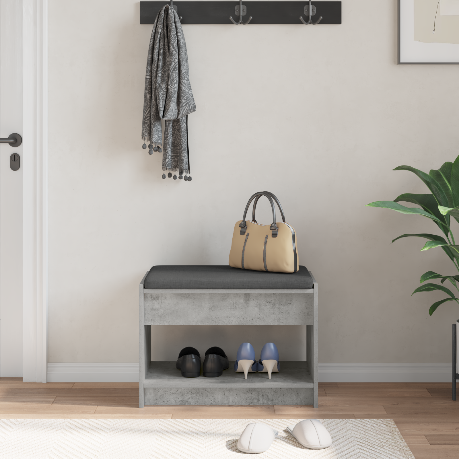 Koridoriaus suolas su pagalve Betono Pilka 63 x 38 x 45 cm