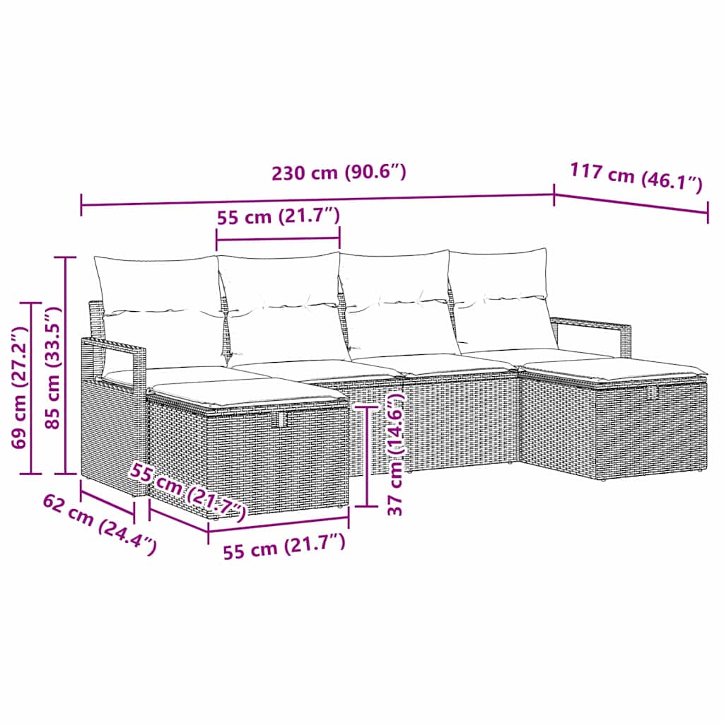 6 dalių sodo sofa komplektas su pagalvėmis Pilka Poli ratanas - Namų Idėja