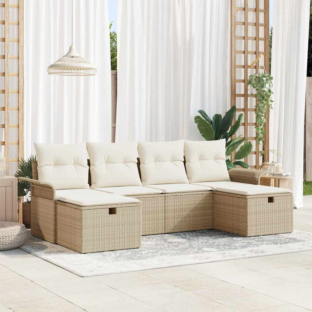 6 Vnt. Sodo Sofa Rinkinys su Pagalvėlėmis Smėlio Poli Ratanas - Namų Idėja