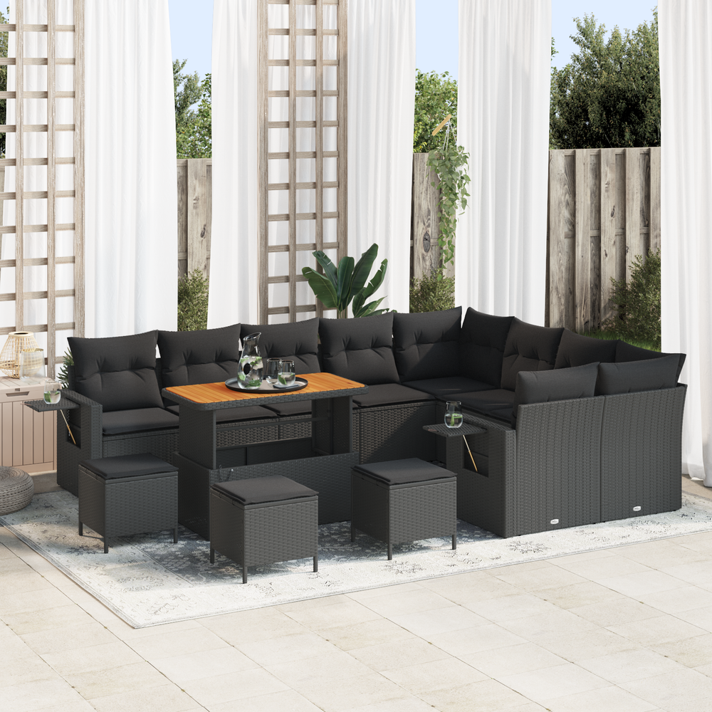 13-piece Garden Sofa Set with Cushions Black Poly Rattan Acacia