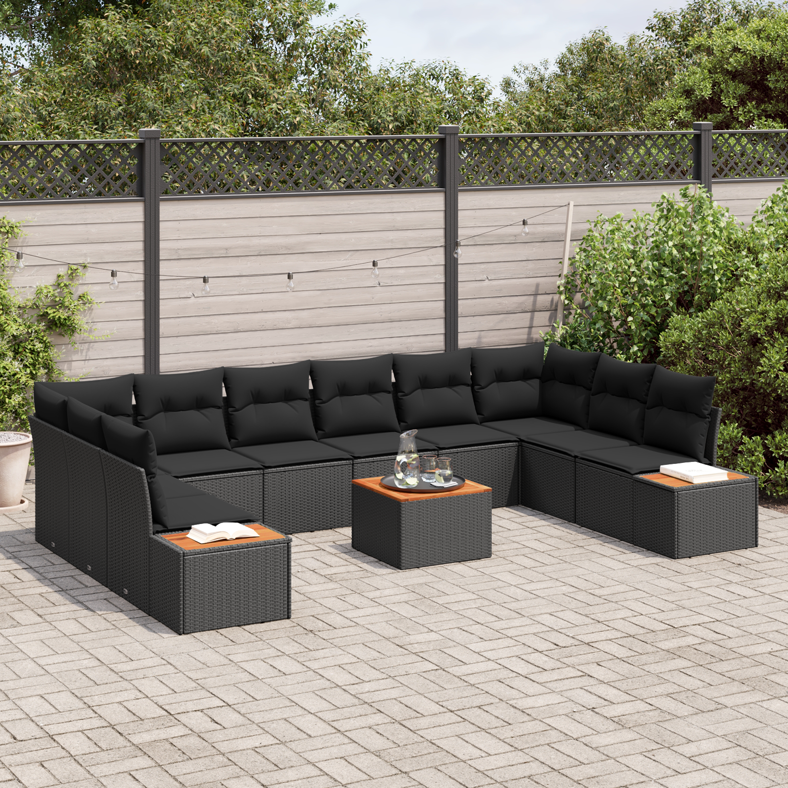 11 dalių sodo sofa su pagalvėmis juodas poli ratanas akacija