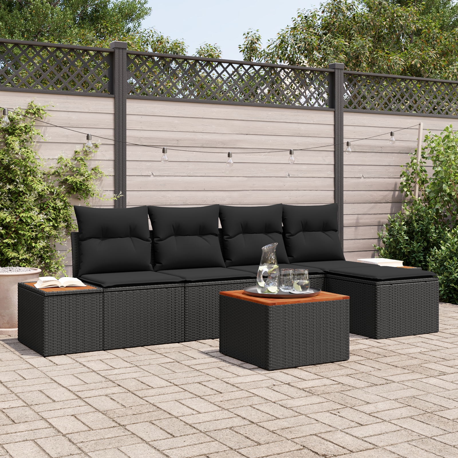 6 Dalių Sodo Sofa Komplektas su Pagalvėmis Juodas Poli Ratanas Akacijos