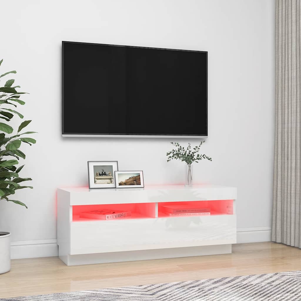 TV spintelė su LED apšvietimu, balta, 100x35x40cm, blizgi