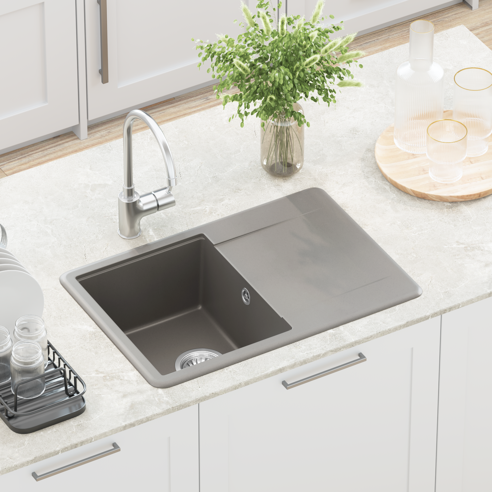 Kriauklė Pilka 670 x 460 mm 80% Kvarcas ir 20% Derva