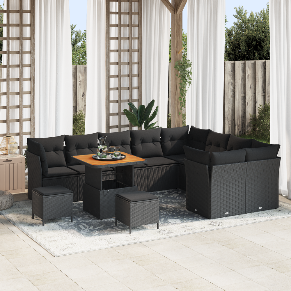 12-Piece Garden Sofa Set with Cushions Black Poly Rattan Acacia