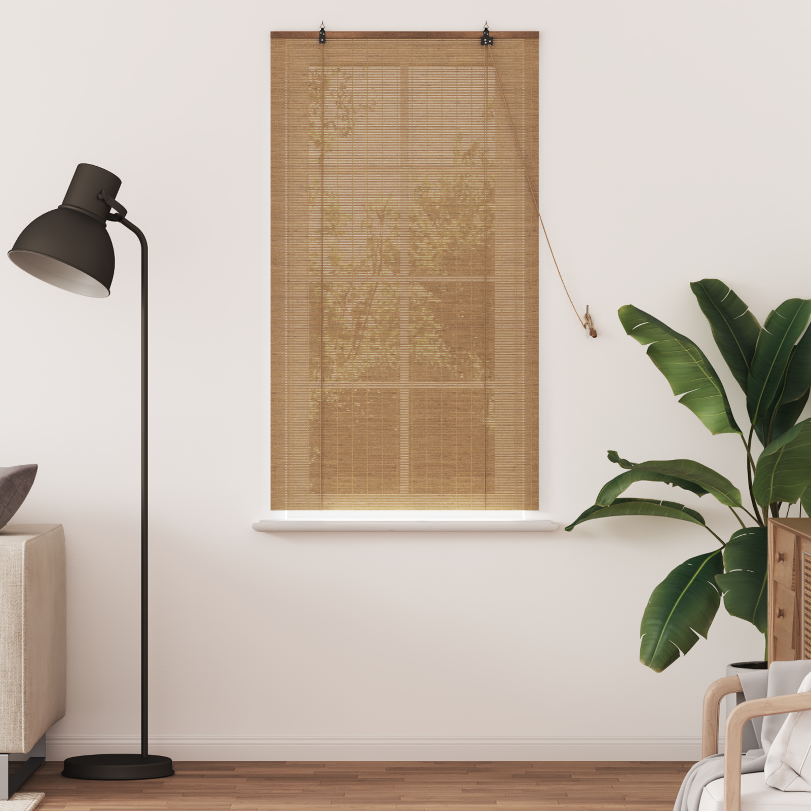 Bamboo Roller Blind with Curtains Brown 90 x 160 cm