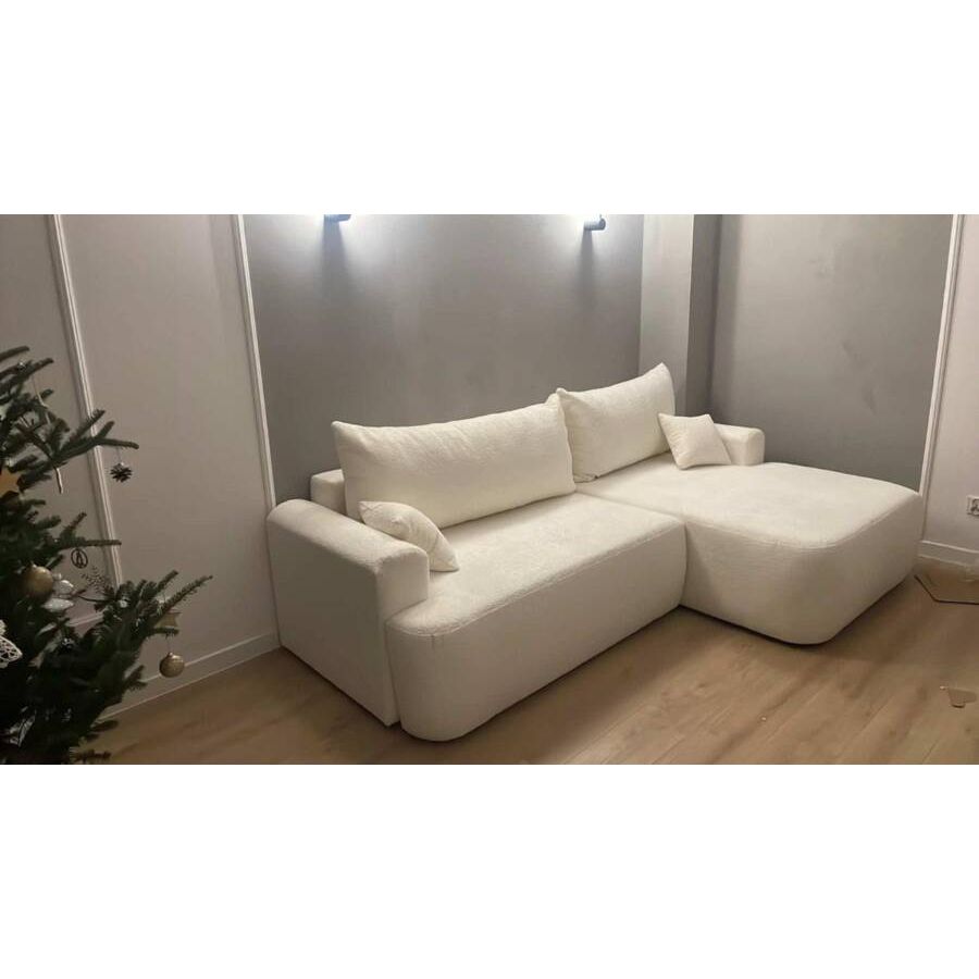 Kampinė sofa lova OVO, dešinė, kreminė boucle