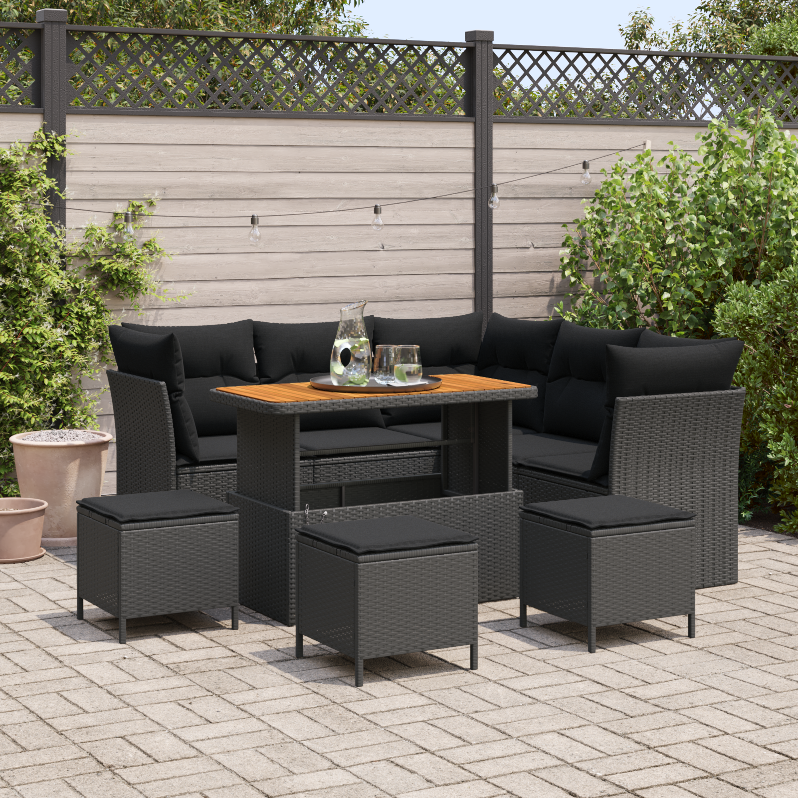 Sodo Sofų Rinkinys su pagalve su saugykla 9 pcs Juoda