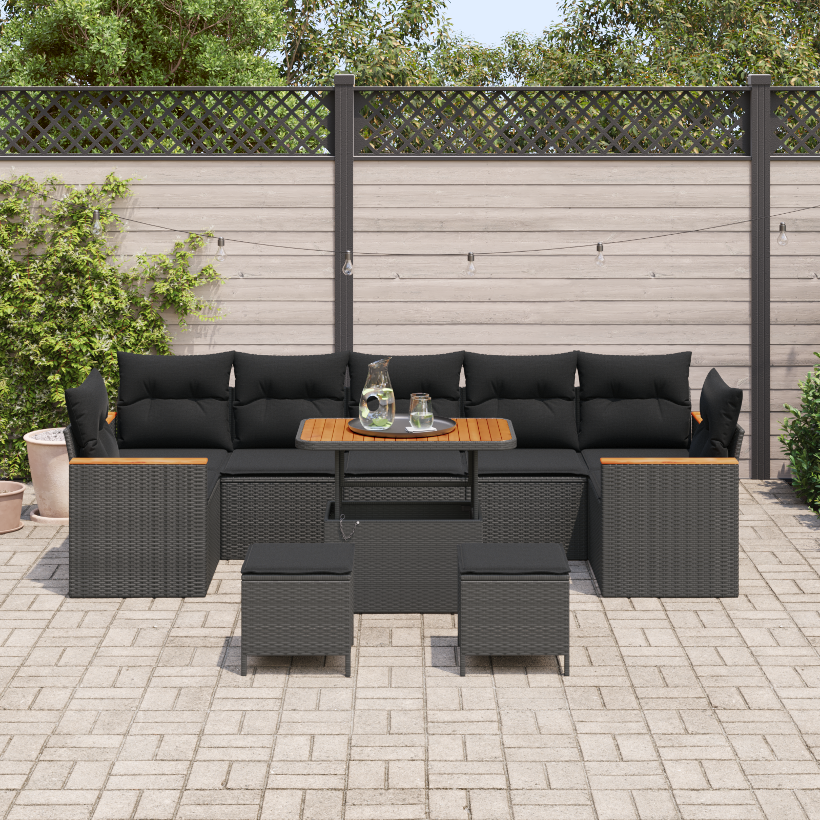 Sodo Sofų Rinkinys su pagalve 10 pcs Juoda Poli ratanas