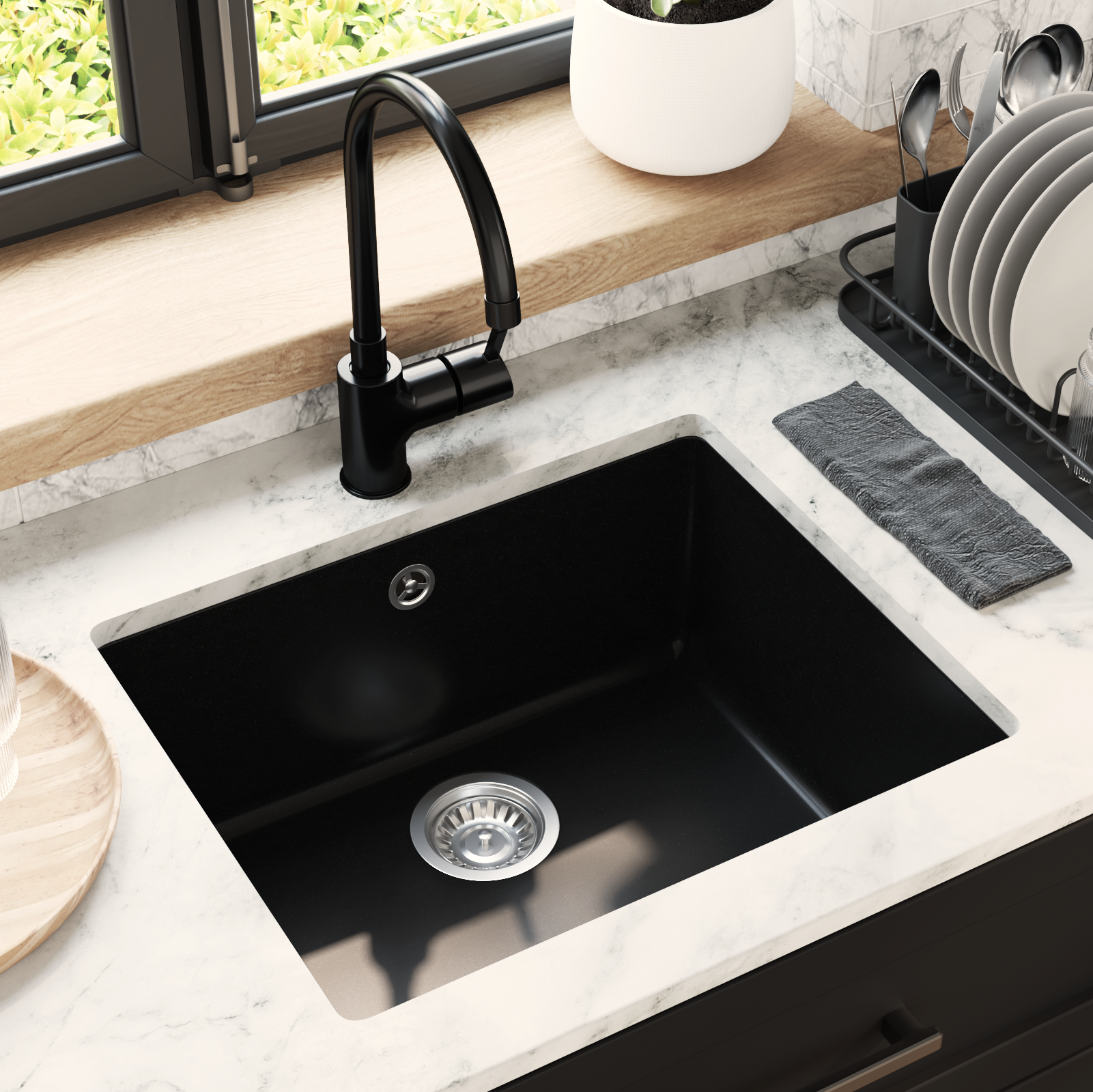 Kriauklė Juoda 530 x 460 mm 80% Kvarcas ir 20% Derva