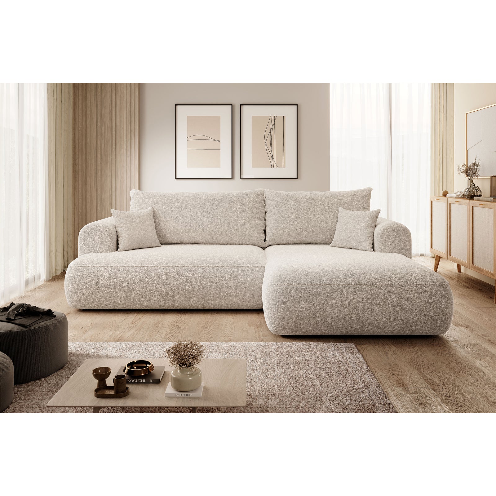Kampinė sofa-lova OVO, smėlinė, dešinė