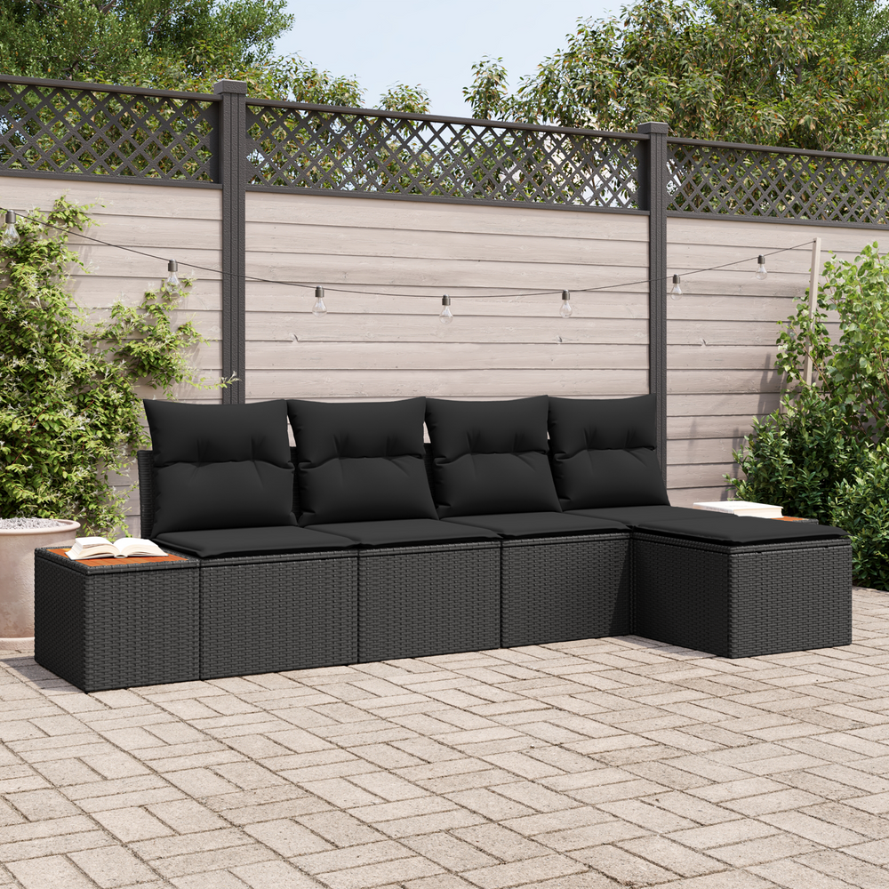 5-Piece Garden Sofa Set with Cushions Black Poly Rattan Acacia