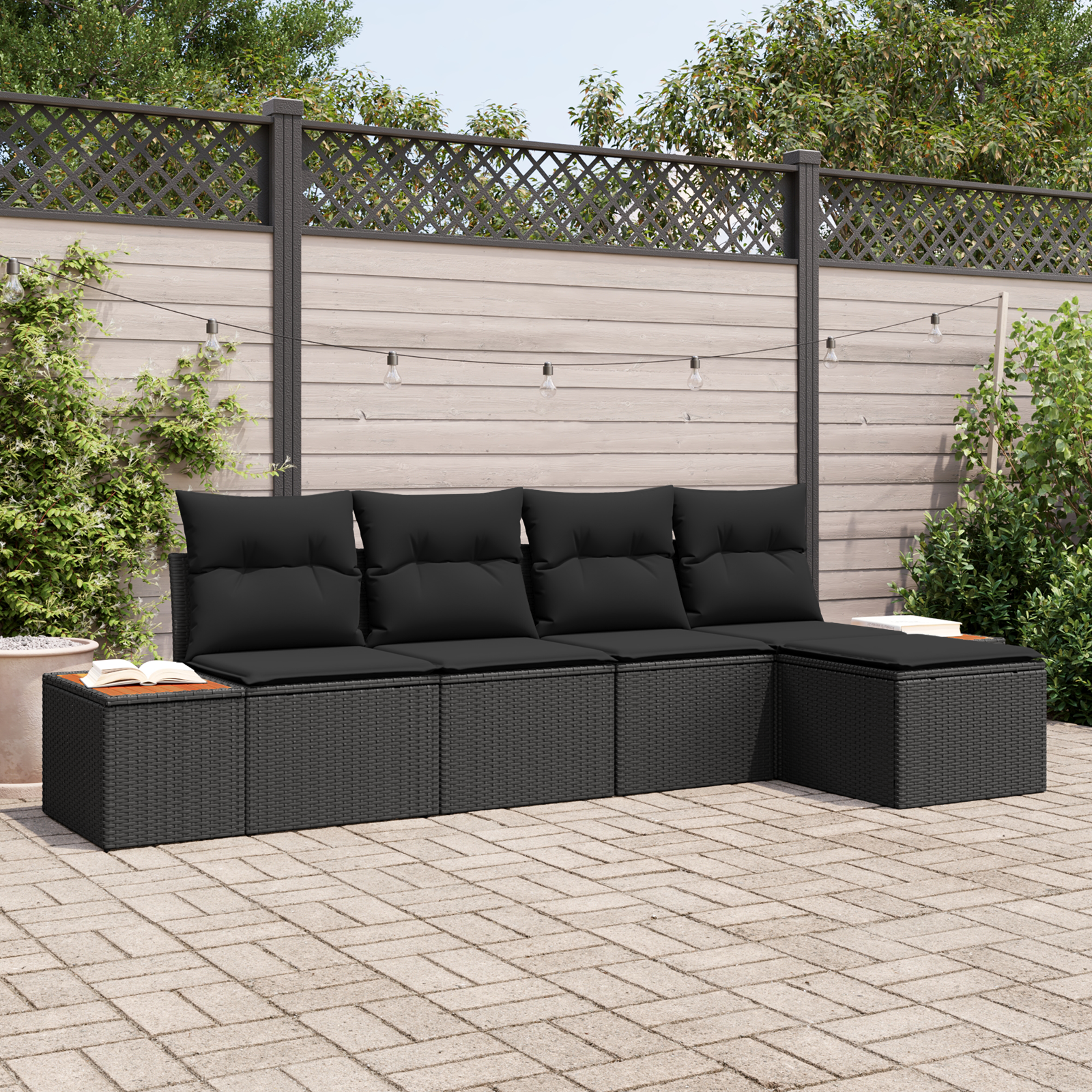 5 dalių sodo sofa rinkinys su pagalvėmis Juoda Poli Ratanas Akacija
