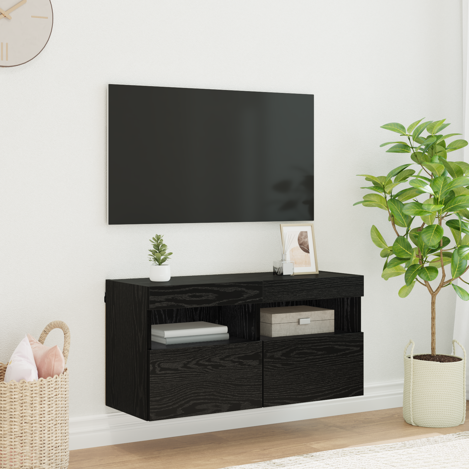 TV sieninė spintelė su LED Juodas ąžuolas 80 x 30 x 40 cm