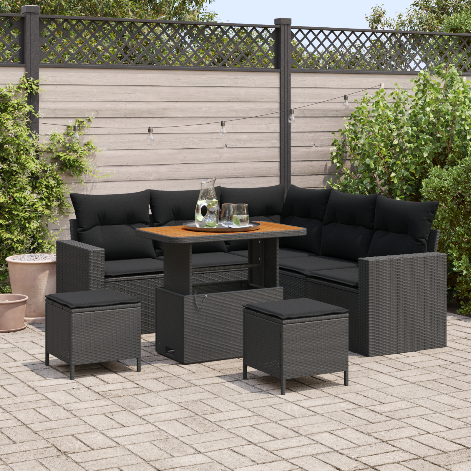 Sodo Sofų Rinkinys su pagalve 9 pcs Juoda poliratanas