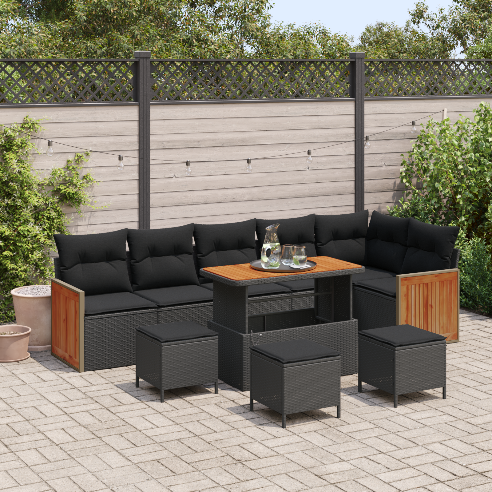 10 dalių sodo sofa su pagalvėmis Juoda Poli ratanas Akacija