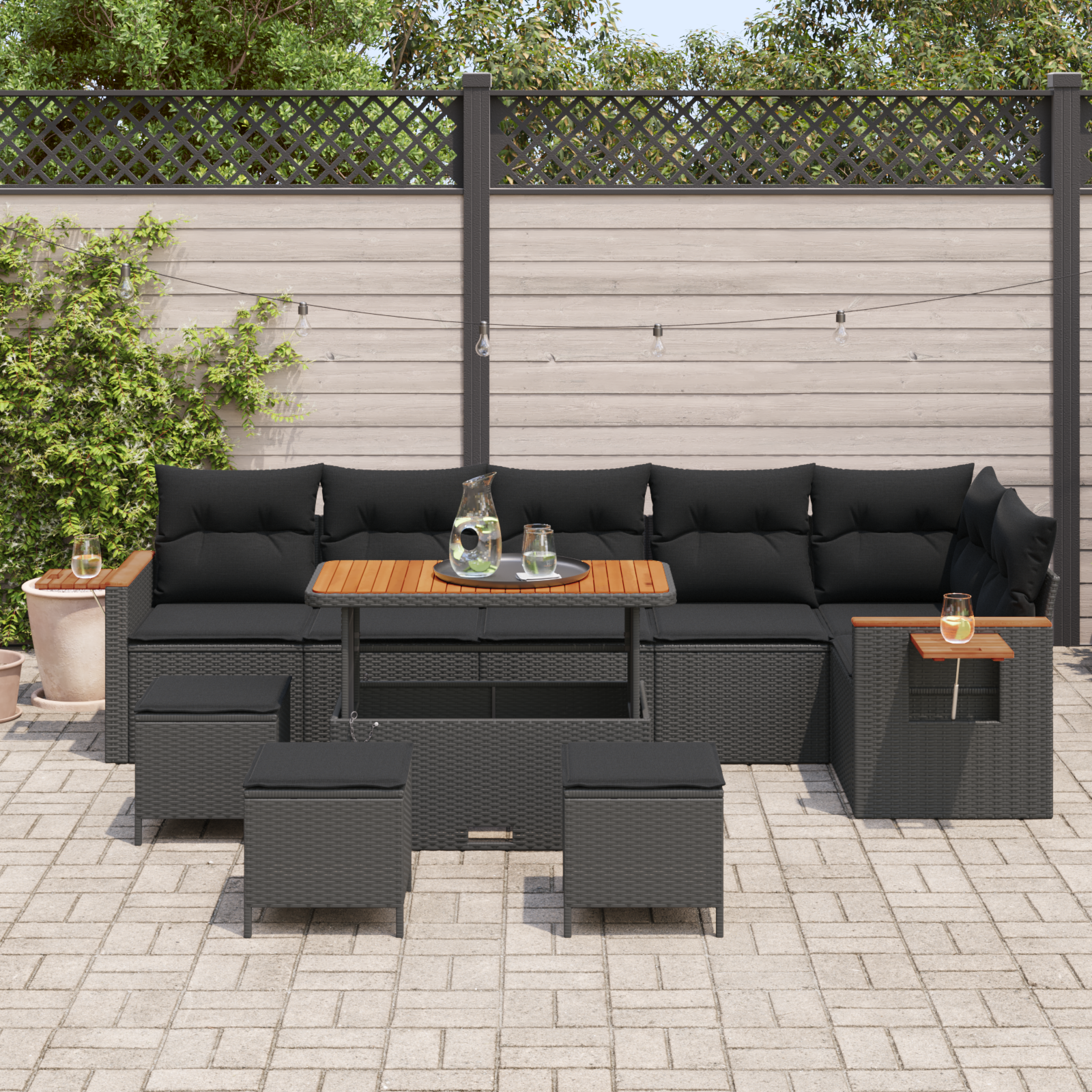 Sodo Sofų Rinkinys su pagalve 12 pcs Juoda poliratanas