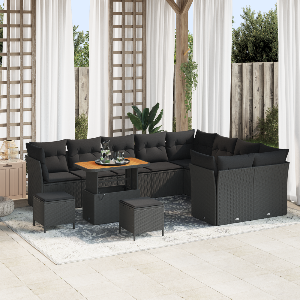 12-Piece Garden Sofa Set with Cushions Black Poly Rattan Acacia