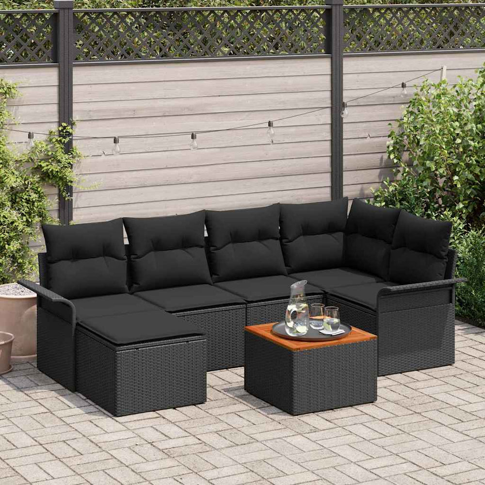 7 dalių sodo sofa komplektas su pagalvėlėmis Juoda Poli Ratanas Akacija - Namų Idėja