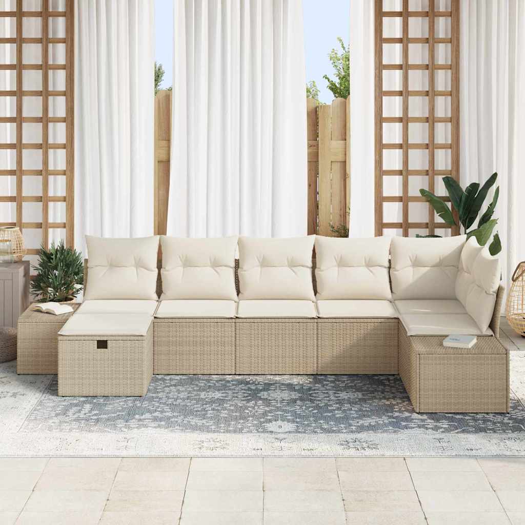 7 dalių sodo sofa komplektas su pagalvėlėmis, smėlio spalvos, poli ratanas - Namų Idėja