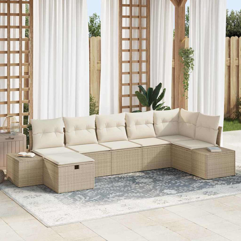 7 dalių sodo sofa komplektas su pagalvėlėmis, smėlio spalvos, poli ratanas - Namų Idėja