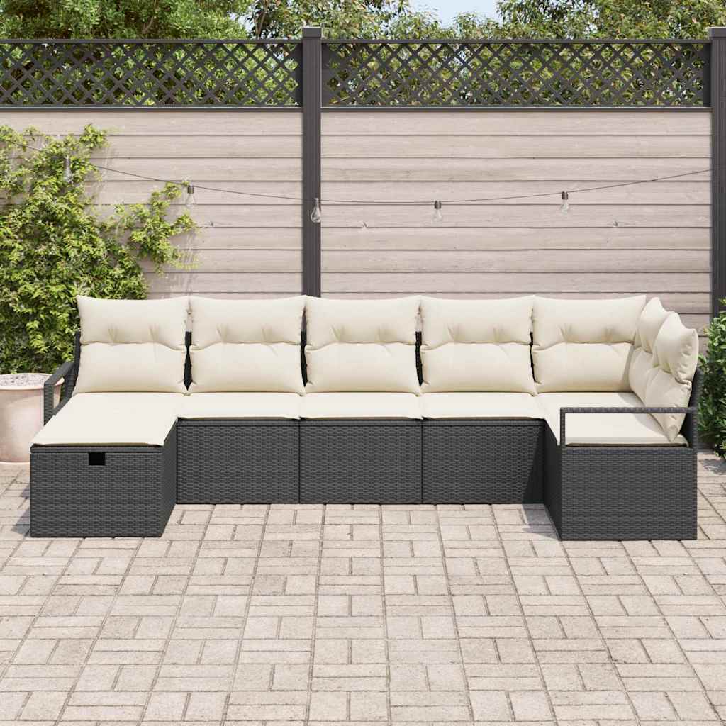 7 Dalių Sodo Sofa Rinkinys su Pagalvėlėmis Juodas Poliratanas - Namų Idėja