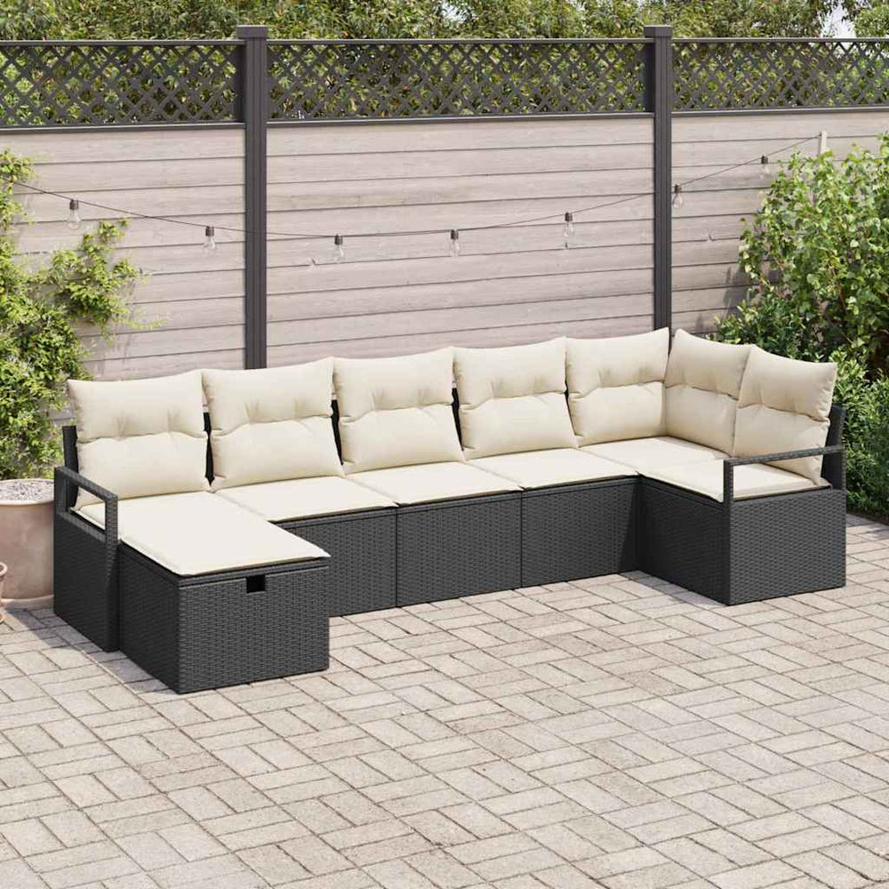 7 Dalių Sodo Sofa Rinkinys su Pagalvėlėmis Juodas Poliratanas - Namų Idėja