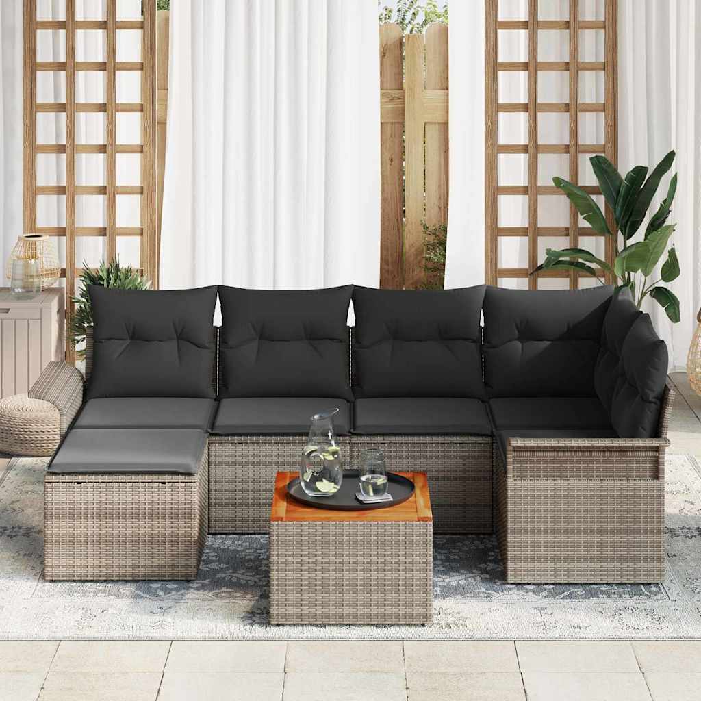 7 Dalių Sodo Sofa Rinkinys su Pagalvėlėmis Pilkas Poli Ratanas Akacija - Namų Idėja