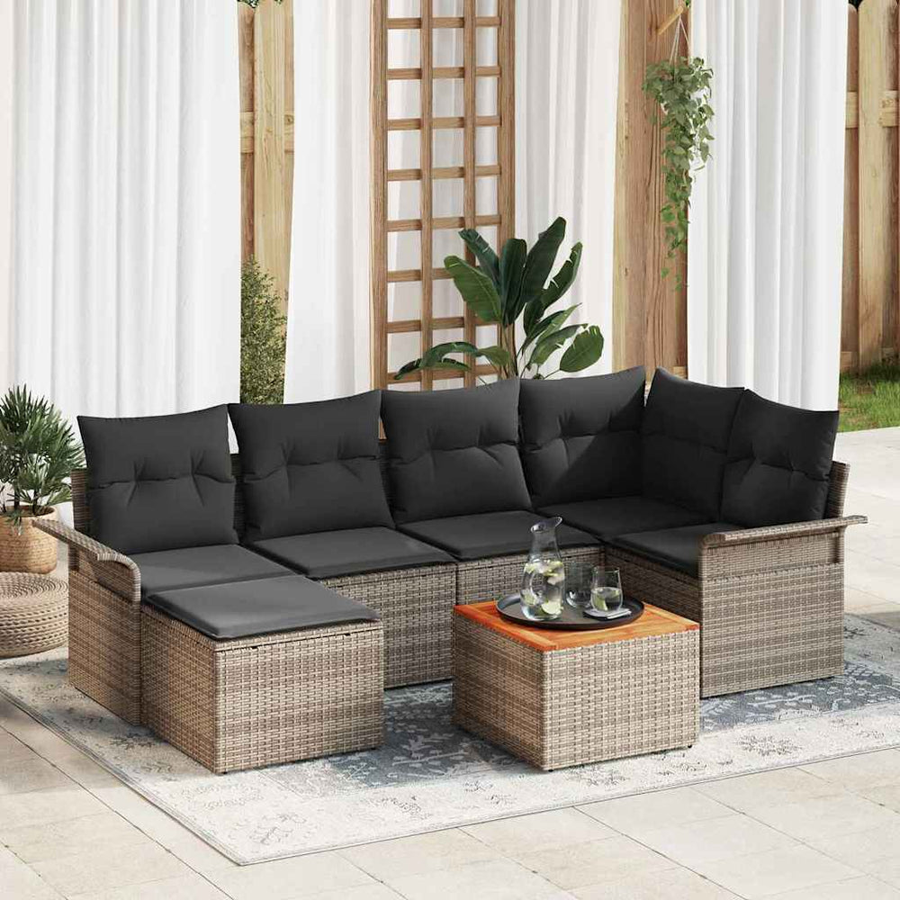 7 Dalių Sodo Sofa Rinkinys su Pagalvėlėmis Pilkas Poli Ratanas Akacija - Namų Idėja
