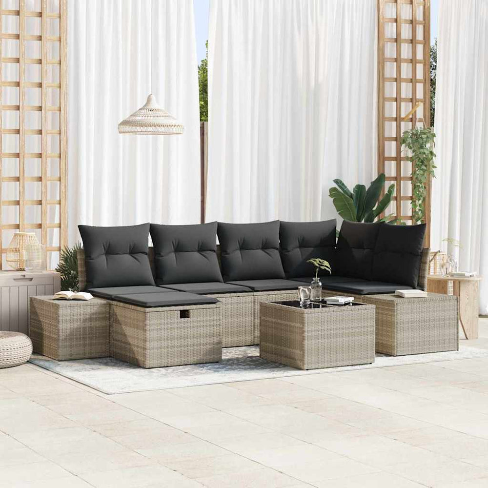 7 dalių sodo sofa rinkinys su pagalvėlėmis šviesiai pilkos poli ratanas - Namų Idėja