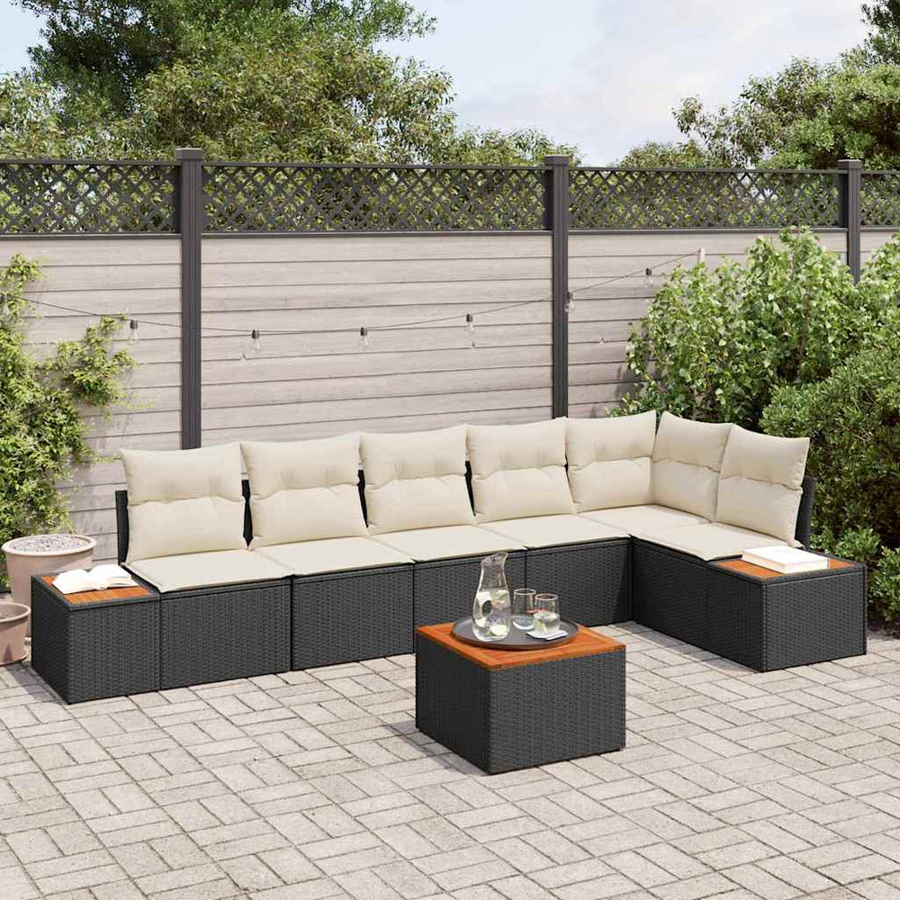 7 dalių Sodo Sofa Rinkinys su Pagalvėmis Juodas Poli Ratanas Akacija - Namų Idėja