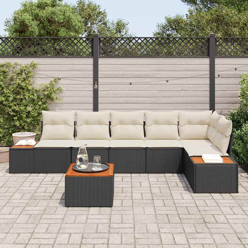 7 dalių Sodo Sofa Rinkinys su Pagalvėmis Juodas Poli Ratanas Akacija - Namų Idėja