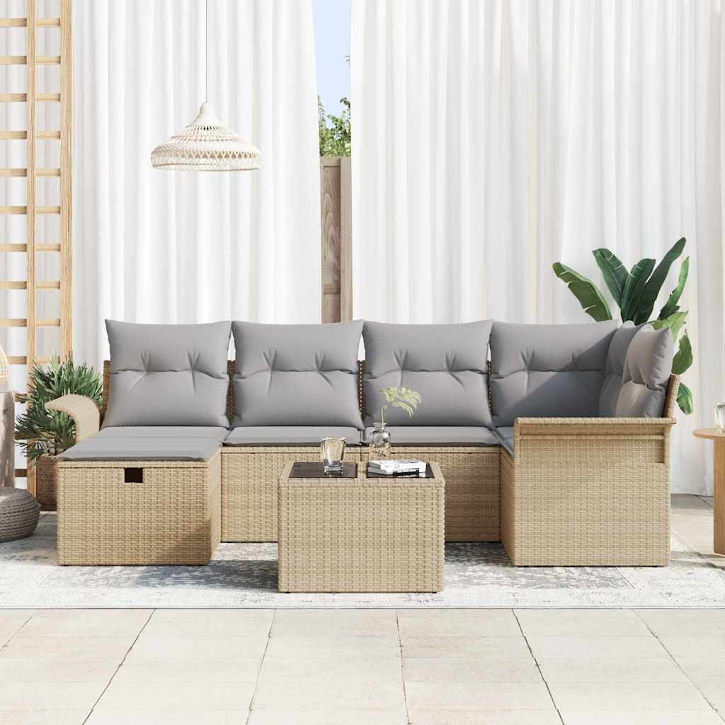 7 dalių Sodo Sofa Rinkinys su Pagalvėmis Smėlio Poli Ratanas - Namų Idėja
