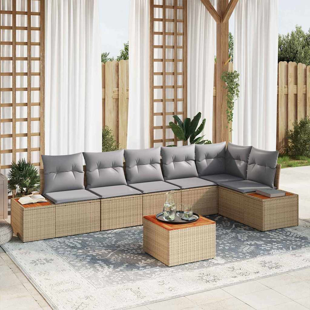 7 dalių Sodo Sofa Rinkinys su Pagalvėmis Smėlio Poli Ratanas Akacija - Namų Idėja