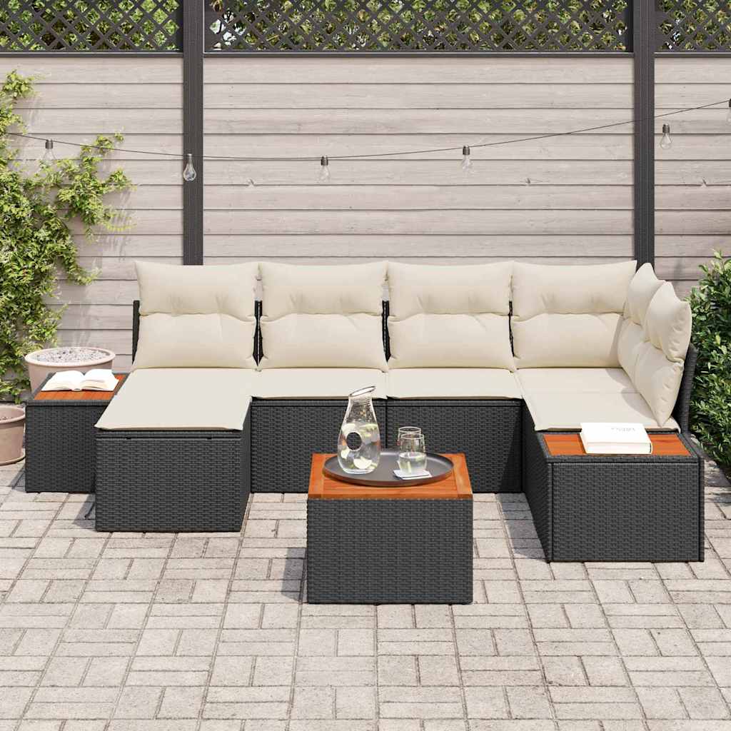 7 dalių sodo sofa su pagalvėlėmis Juoda Poli ratano Akacija - Namų Idėja