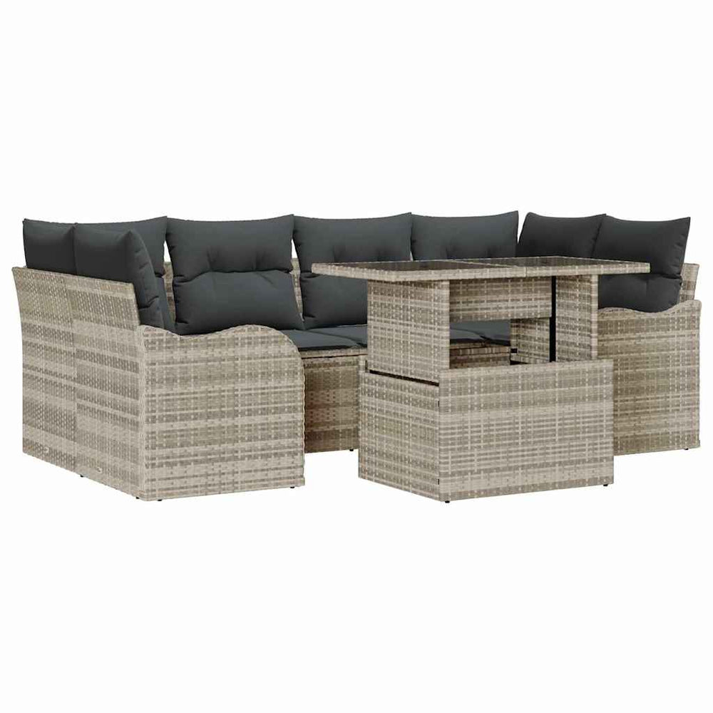 7 dalių sodo sofas rinkinys su pagalvėmis šviesiai pilkame poli ratane - Namų Idėja