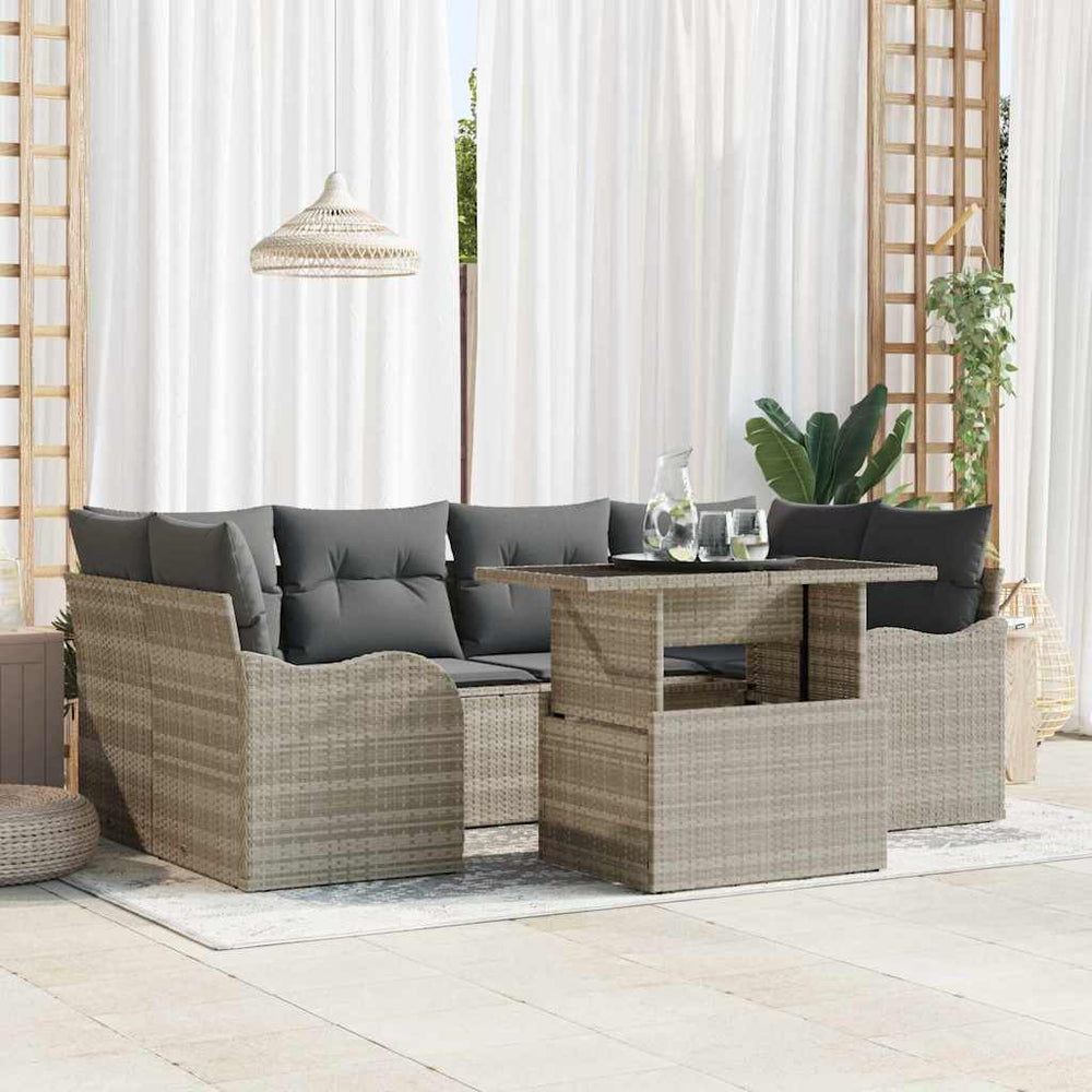 7 dalių sodo sofas rinkinys su pagalvėmis šviesiai pilkame poli ratane - Namų Idėja