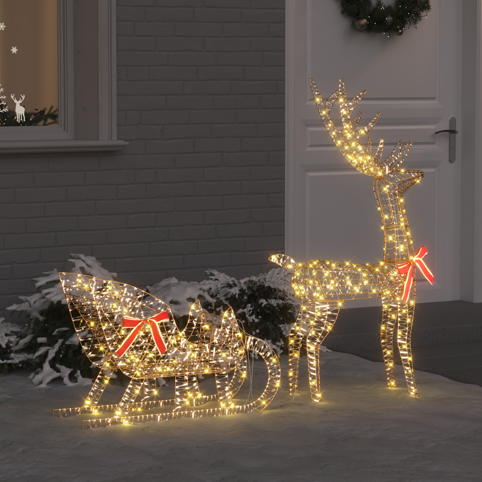 Ziemeļbriežu kamanas ar 200 LED silti baltām 70 x 26 x 129 cm PET