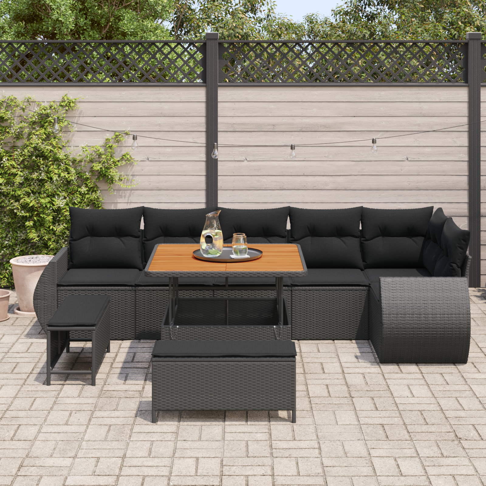 Sodo Sofų Rinkinys su pagalve 9 pcs Juoda Poli ratanas
