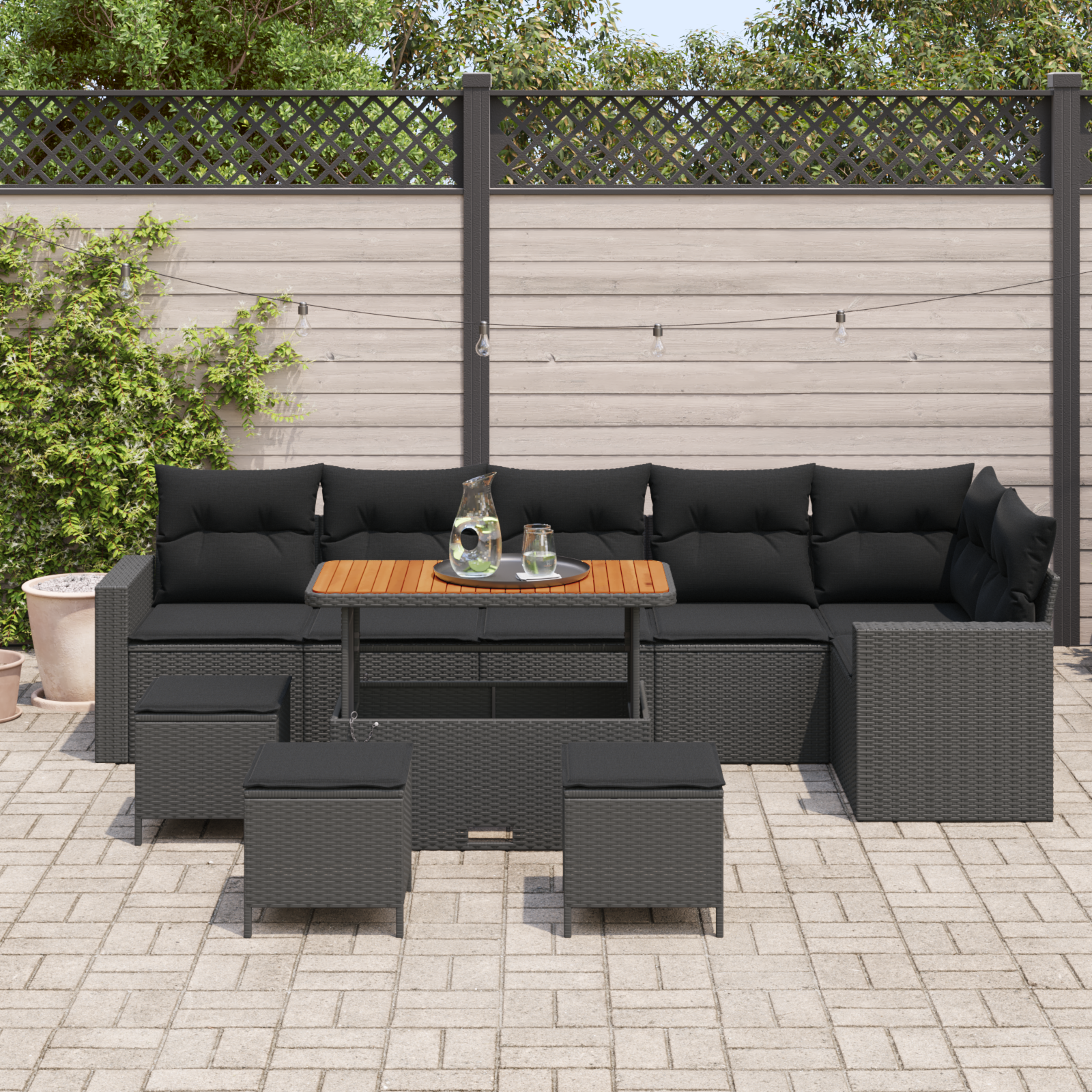 Sodo Sofų Rinkinys su pagalve 12 pcs Juoda poliratanas