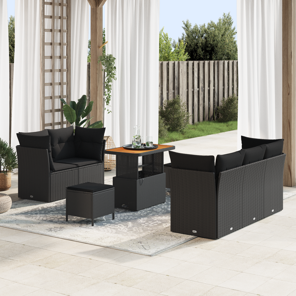 8-Piece Garden Sofa Set with Cushions Black Poly Rattan Acacia