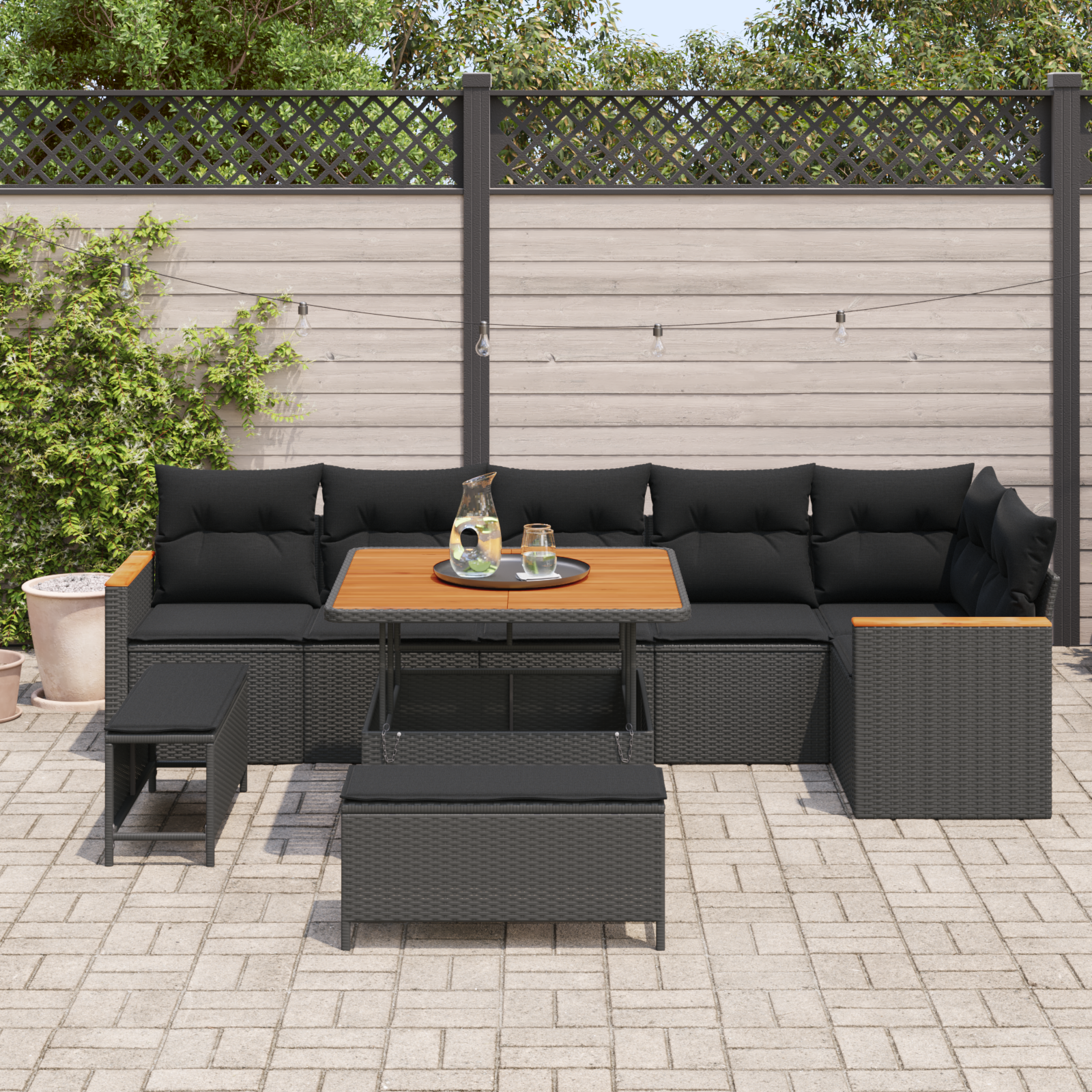 Sodo Sofų Rinkinys su pagalve 9 pcs Juoda Poli ratanas