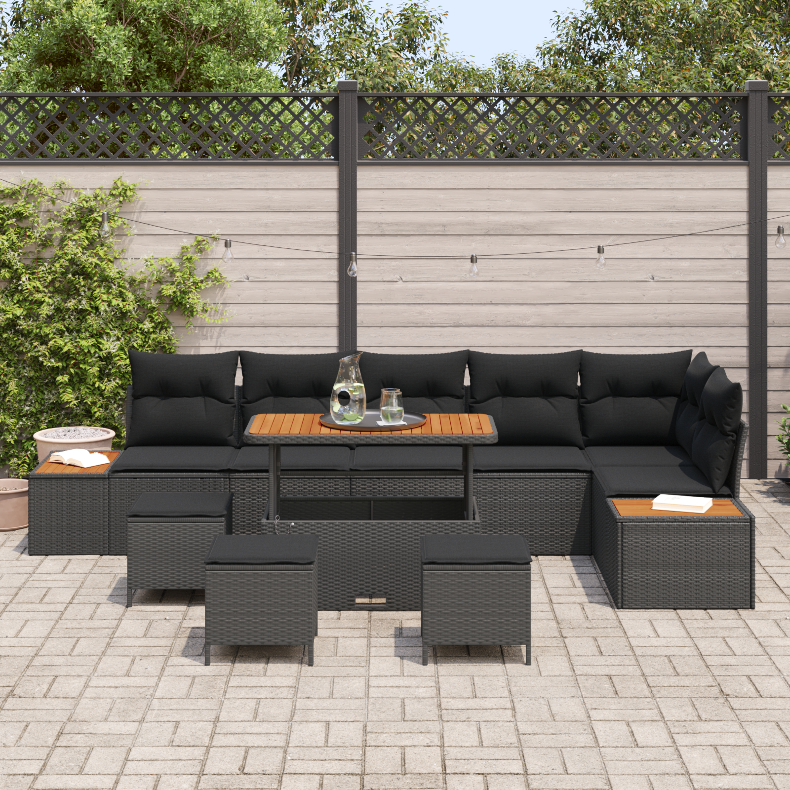 Sodo Sofų Rinkinys su pagalve 10 pcs Juoda Poli ratanas
