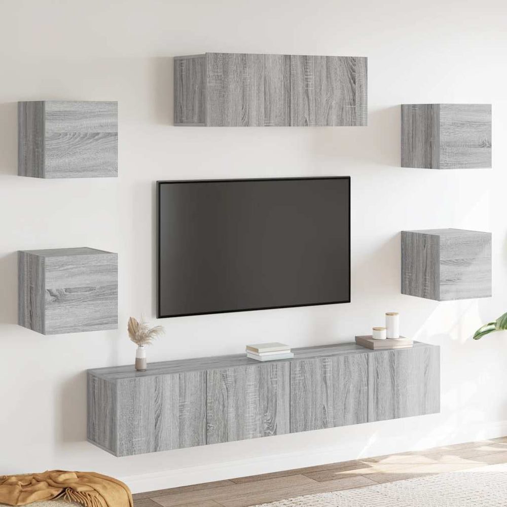 TV spintelių komplektas, 7 dalių, pilkas ąžuolo, mediena